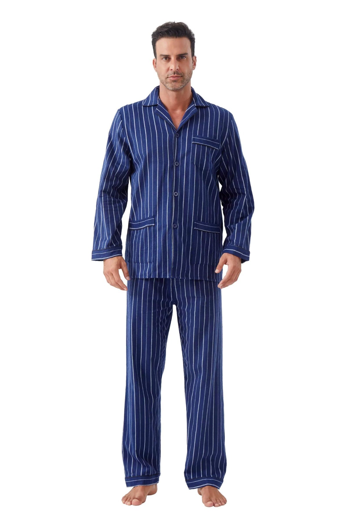 GLOBAL Men's Pajamas Sets 100% Cotton Flannel Sleepwear Long-Sleeve top & Bottom