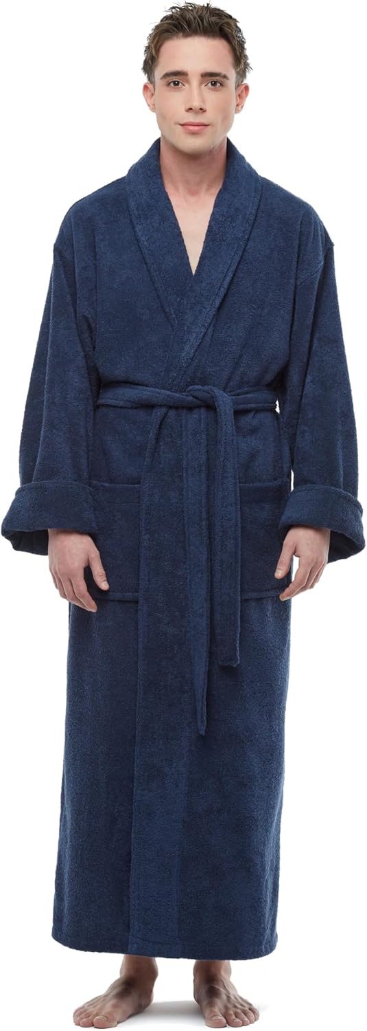 ESKYMODE Mens Cotton Bathrobe Ankle Length Long Men’s Terry Cloth Bath Robe