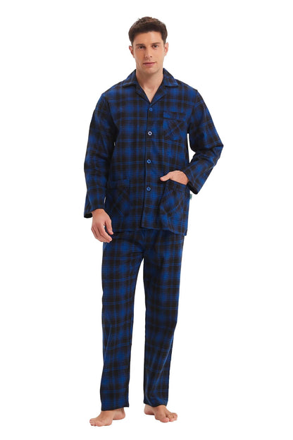 GLOBAL Men's Pajamas Sets 100% Cotton Flannel Sleepwear Long-Sleeve top & Bottom
