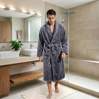 Inner Wish Mens Plush Fleece Robe, Highly Absorbent Cozy Warm Bathrobe Fuzzy Male Spa Long Robe With Pockets