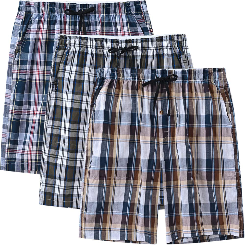 MoFiz 3pack Mens Pajama Short Bottom Sleep Lounge Cotton Plaid