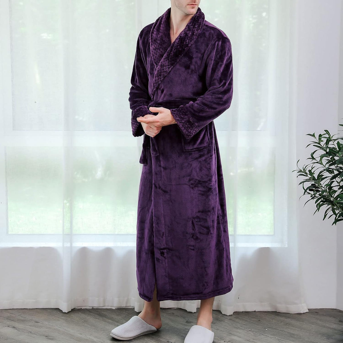 Lu's Chic Men's Long Sleeve Robe House Bathrobe Full Length Fluffy Pocket Winter Bath Hot Tub