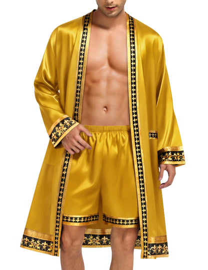 SWOMOG Men's Satin Robe with Shorts Set Silky Kimono Bathrobe Opulent Baroque Robes Lightweight Luxury Sleepwear