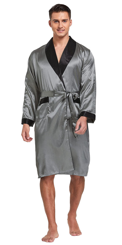 Mens Satin Robe Long Sleeve Silk Kimono Bathrobe with Shorts Set Sleepwear