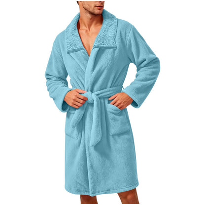 Robe for Men Fuzzy Fleece Collared Long Sleeve Thermal Bathrobe