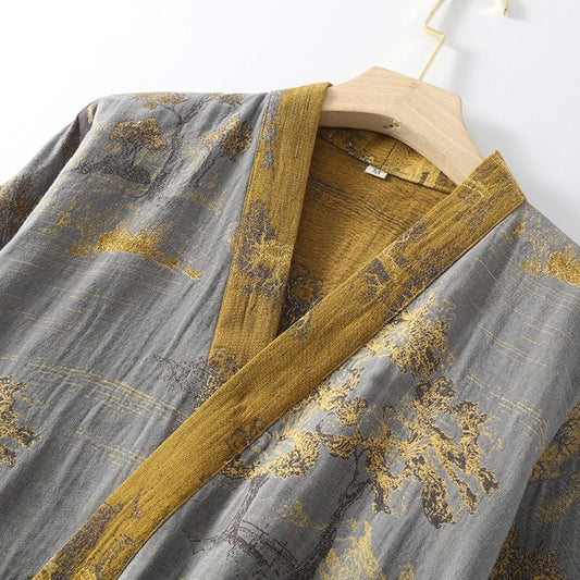 Japanese Style Bathrobe Gauze Sleeping Robe Summer Kimono Pajamas for Men Casual Daily or Meditation Spa Wear