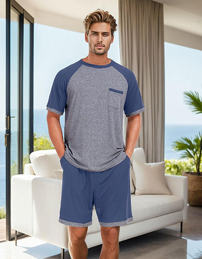 Mens Pajamas Set Shirt and Shorts Lightweight Summer Sleepwear