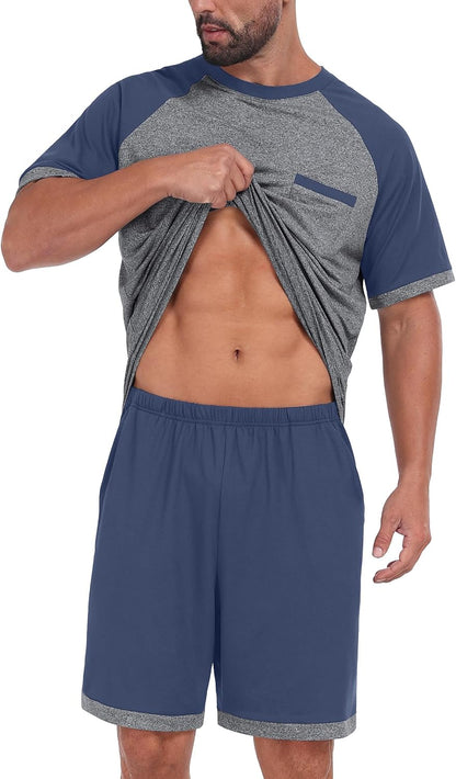 Mens Pajamas Set Shirt and Shorts Lightweight Summer Sleepwear