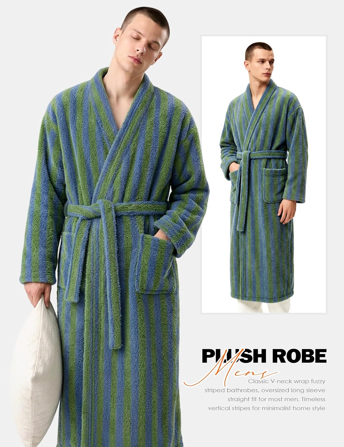 Arssm Mens Striped Plush Robe Long Fluffy Fuzzy Cozy Bathrobe