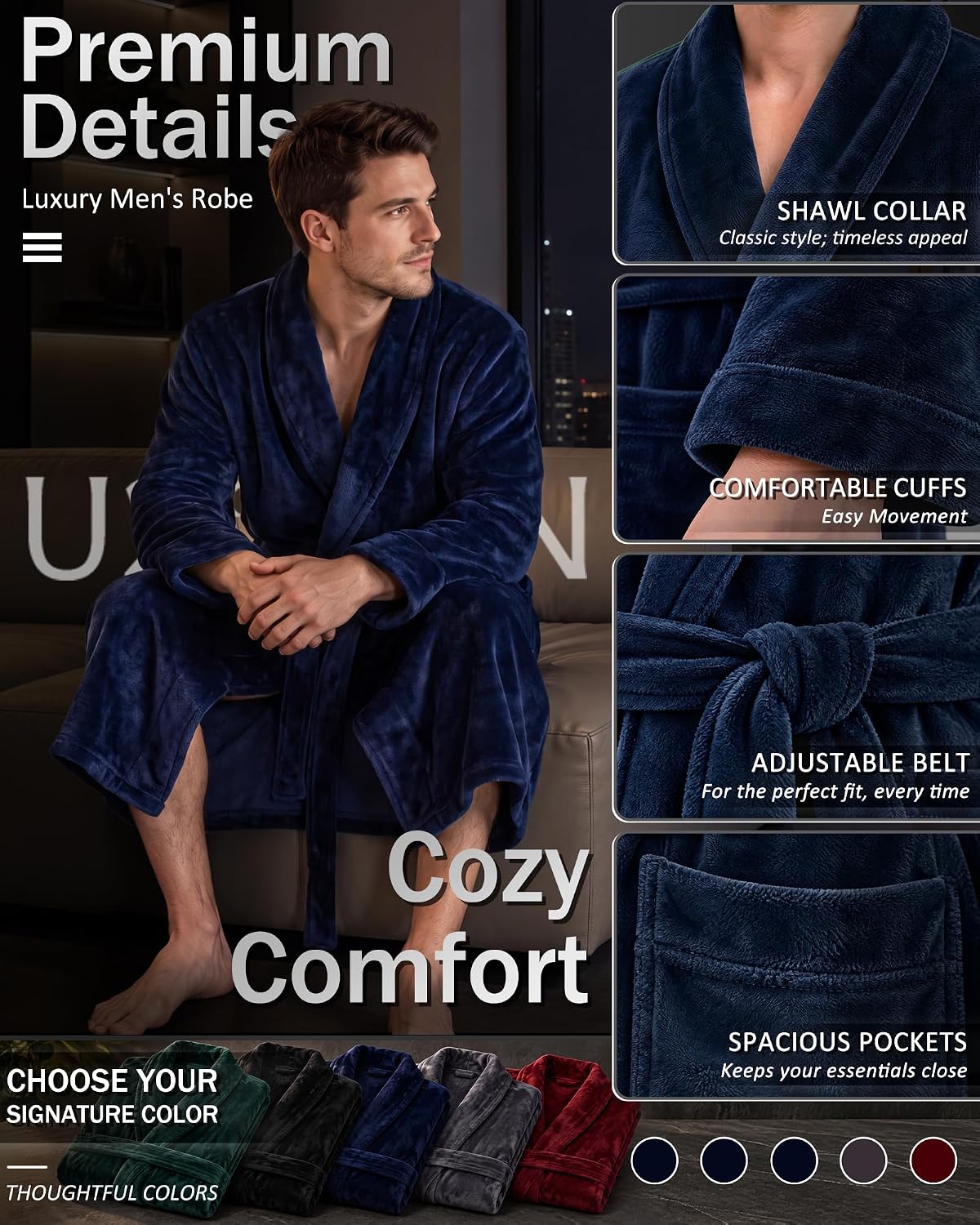 U2SKIIN Mens Robe Plush Flannel Bathrobe for Men Shawl Collar