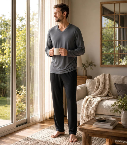 DAVID ARCHY Men's Cotton Pajama Set, Soft V-Neck Long Sleeve PJs