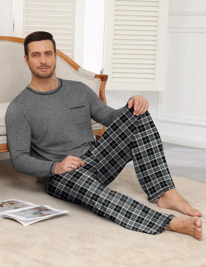 Ekouaer Mens Long Sleeve T-Shirt Pajama Set Soft 2 Piece Lounge Set