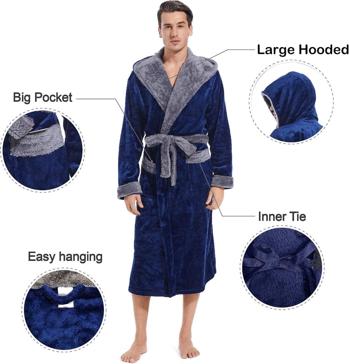Inner Wish Mens Hooded Robe, Plush Long Highly Absorbent Bath robes Cozy Warm Bathrobe Fuzzy male Spa Robe With Pockets