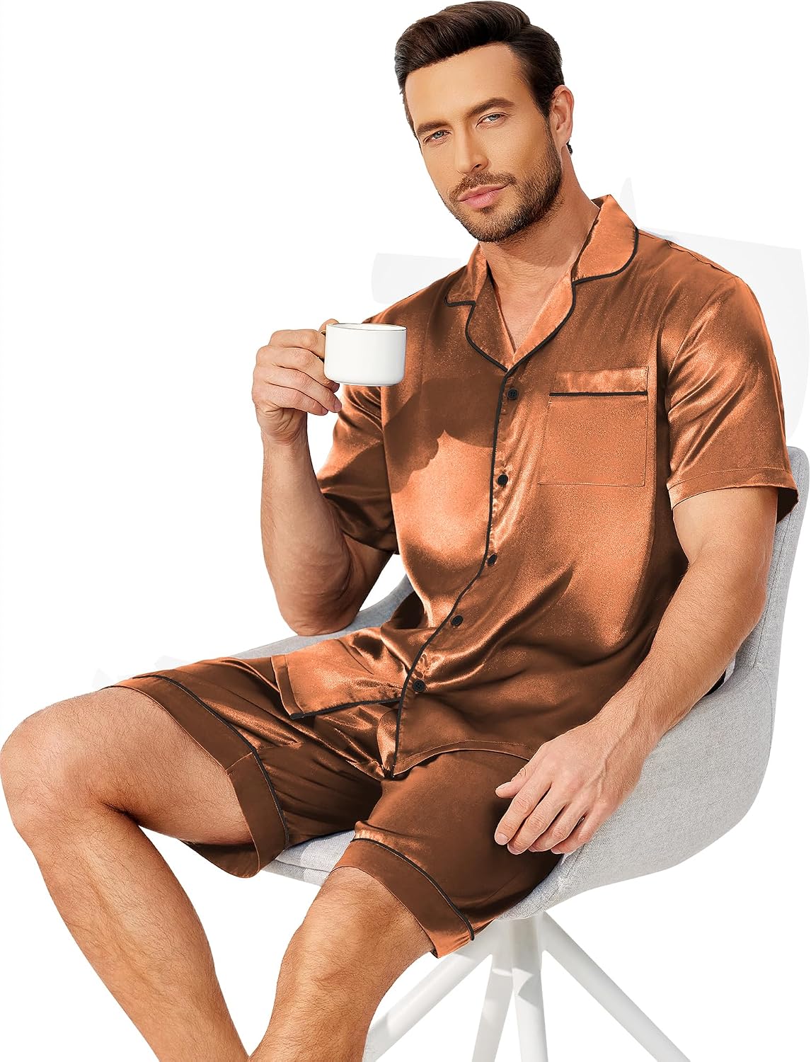 Ekouaer Mens Pajamas Set Silk Satin Pjs Short Sleeve Button Up Lounge Sets