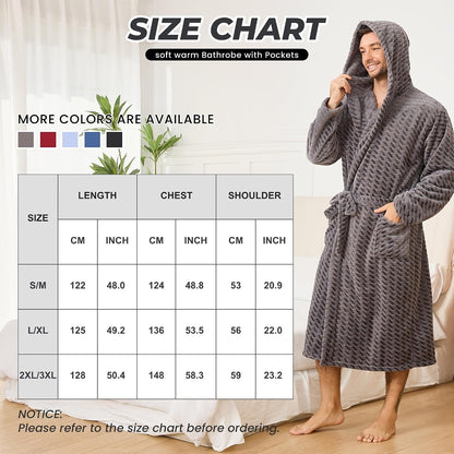 U2SKIIN Mens Plush Fleece Hooded Robe, Soft Warm Long Bathrobe with Pockets, Cozy Spa Shower Robe for Men