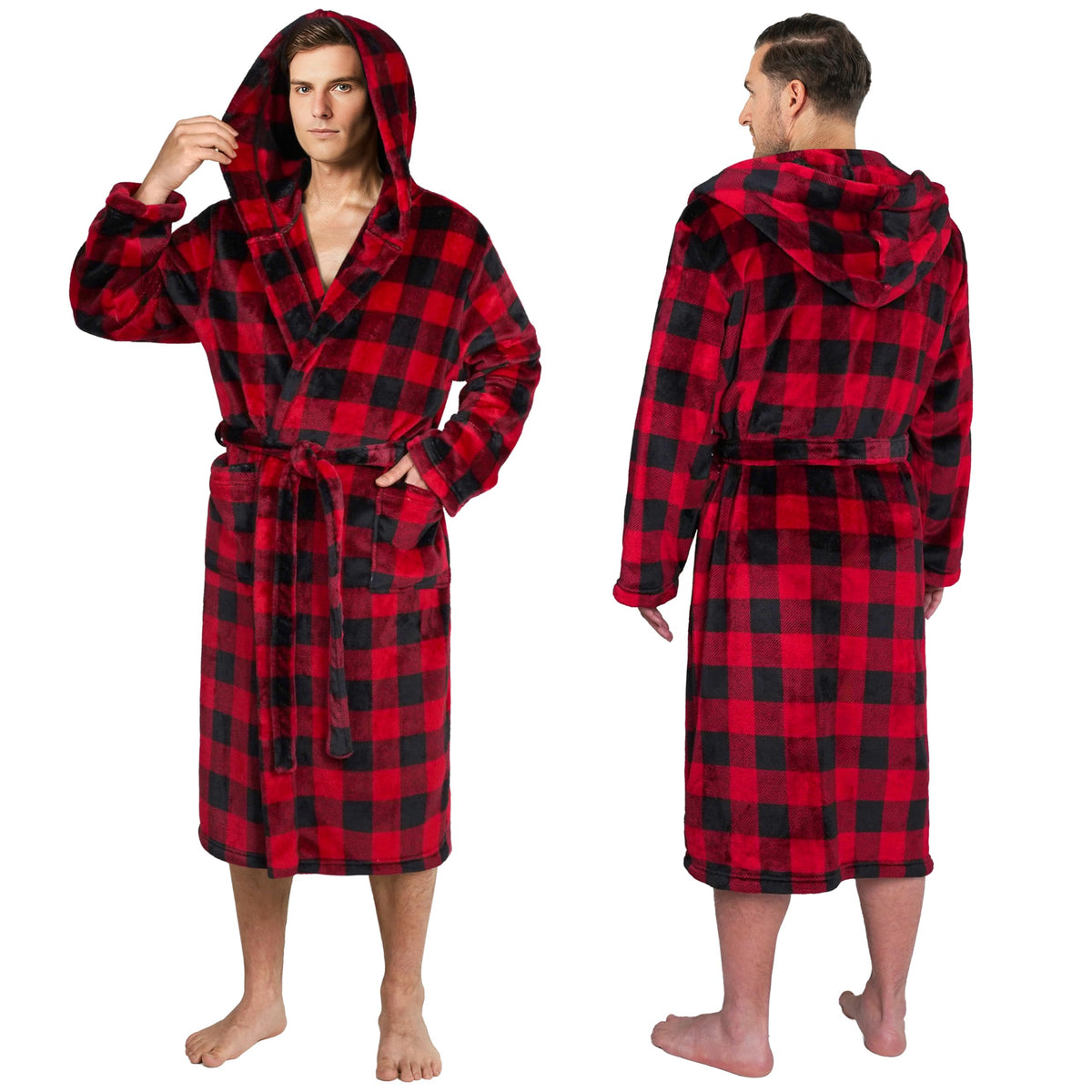 PAVILIA Men's Hooded Fleece Bathrobe Lightweight Long Robe for Men Shower