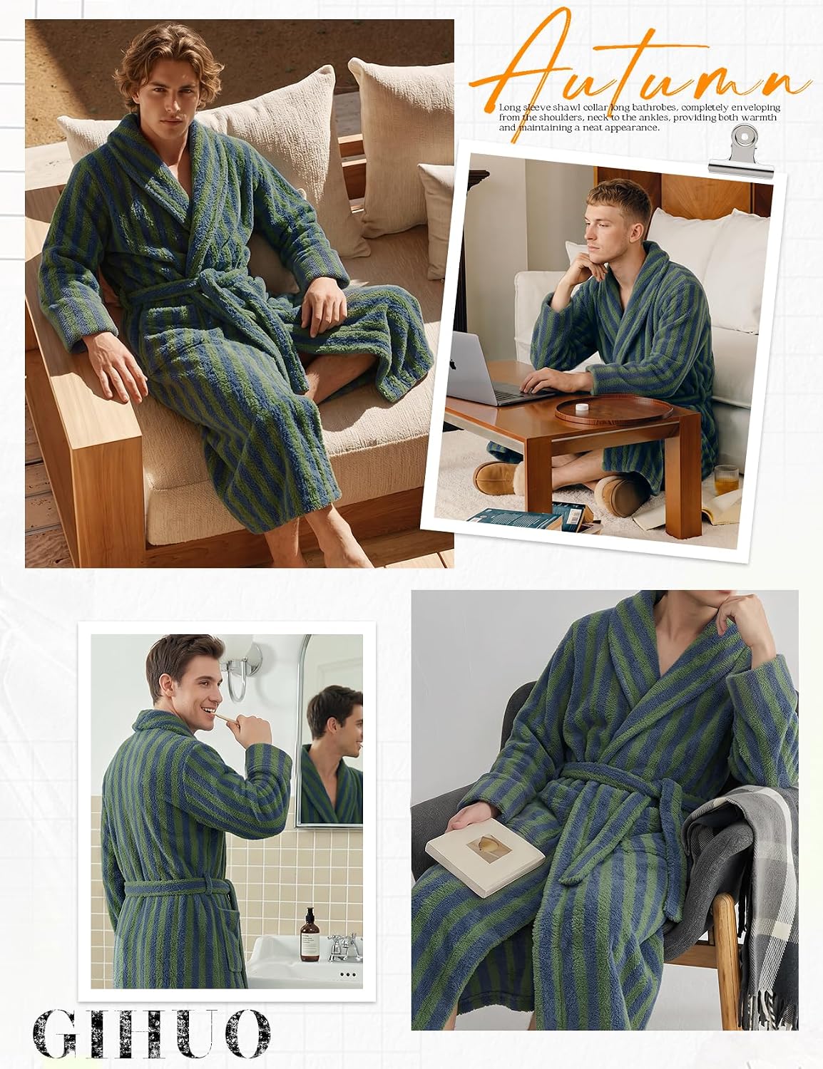 Gihuo Mens Striped Robe Long Fluffy Plush Bathrobe