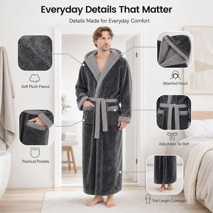 PJGGZ Mens Plush Robes Full Length, Big and Tall Fleece Hooded Bathrobe Warm Fluffy Cozy Winter Housecoat Floor Length