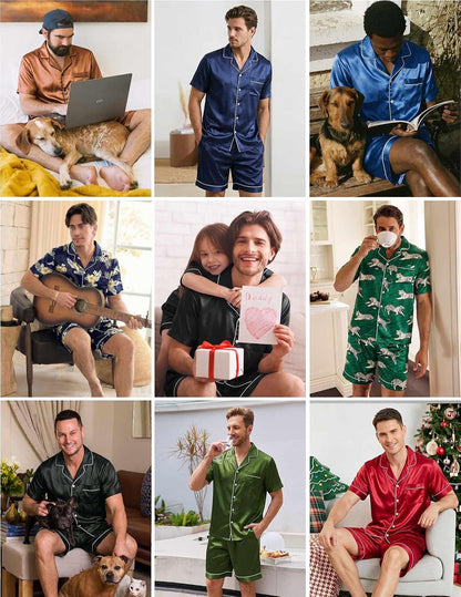 Ekouaer Mens Pajamas Set Silk Satin Pjs Short Sleeve Button Up Lounge Sets