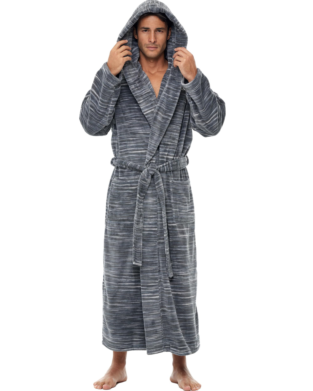 Men's Plush Fleece Hooded Robe with Pockets, Long Bathrobe