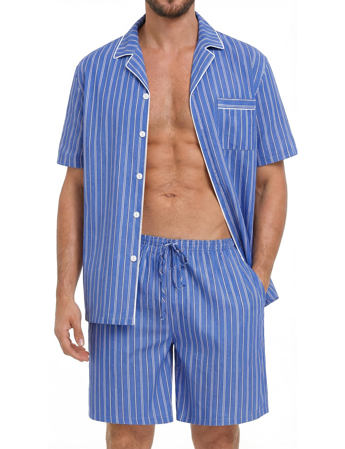 SWOMOG Mens 100% Cotton Pajama Set 2Pcs Button Down Pjs Set Short Sleeve Sleepwear with Pocket Soft Summer Stripe Nightwear