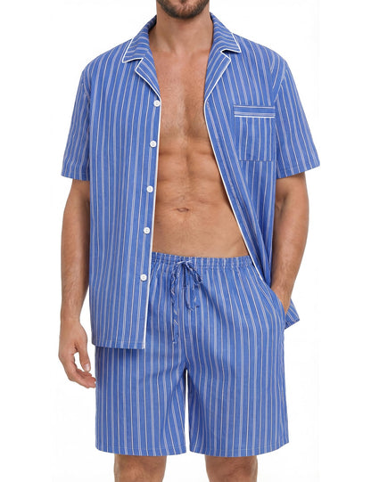 SWOMOG Mens 100% Cotton Pajama Set 2Pcs Button Down Pjs Set Short Sleeve Sleepwear with Pocket Soft Summer Stripe Nightwear