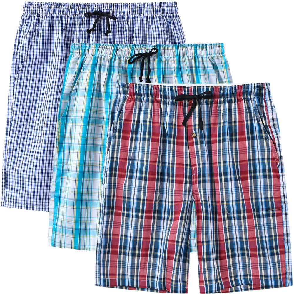 MoFiz 3pack Mens Pajama Short Bottom Sleep Lounge Cotton Plaid