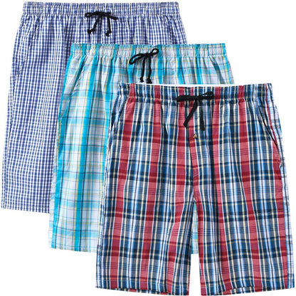 MoFiz 3pack Mens Pajama Short Bottom Sleep Lounge Cotton Plaid