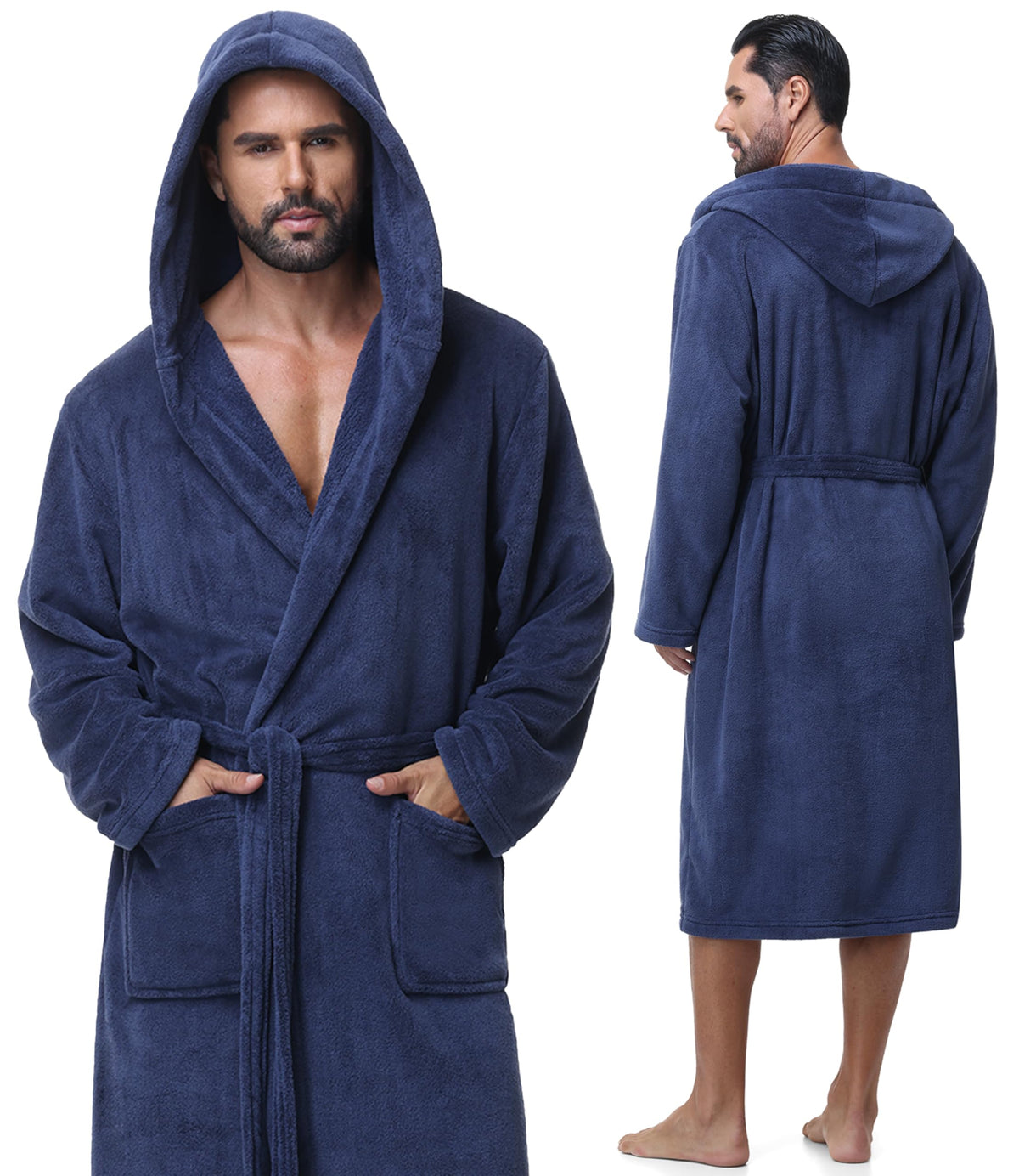 Absorbent Fleece Mens Robe with Hood Warm Cozy Ultra Soft Bathrobe Luxury Quick Dry Spa Towel Robe for Men