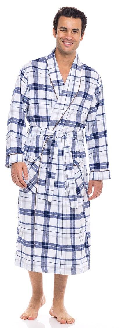 AMERICAN HEAVEN Men's Flannel Fleece Robe | Soft Cotton Shawl Collar Full Length Plaid Robe