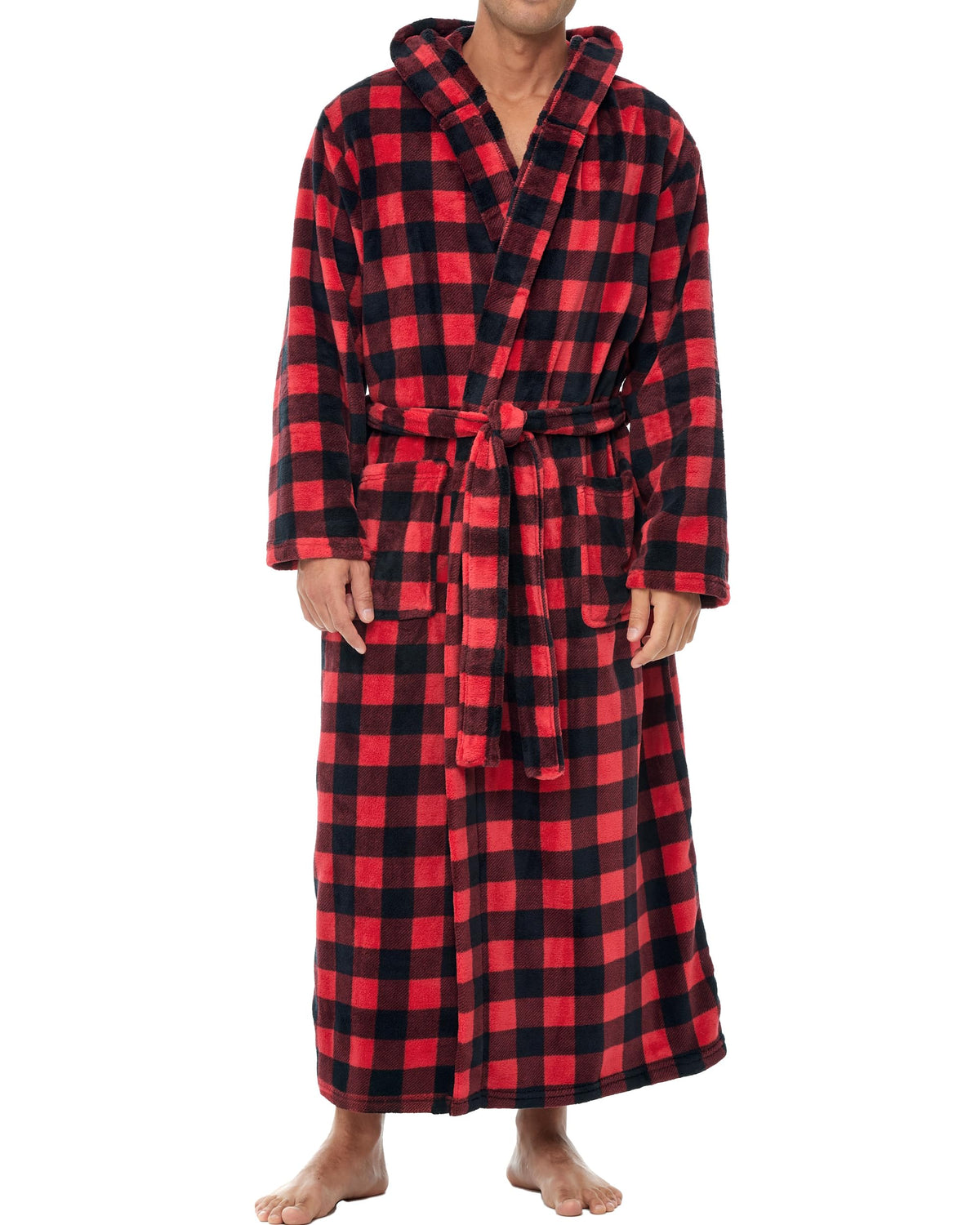 Men's Plush Fleece Hooded Robe with Pockets, Long Bathrobe