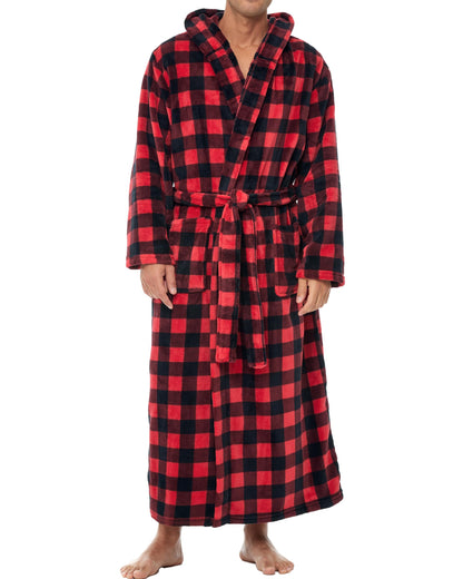 Men's Plush Fleece Hooded Robe with Pockets, Long Bathrobe