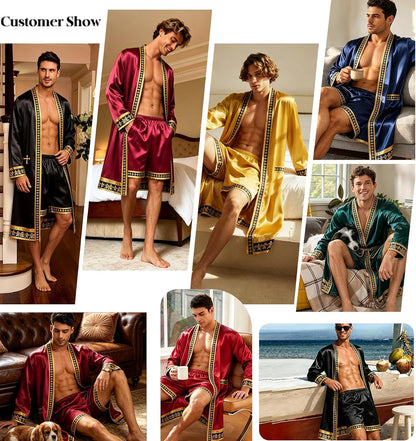 SWOMOG Men's Satin Robe with Shorts Set Silky Kimono Bathrobe Opulent Baroque Robes Lightweight Luxury Sleepwear