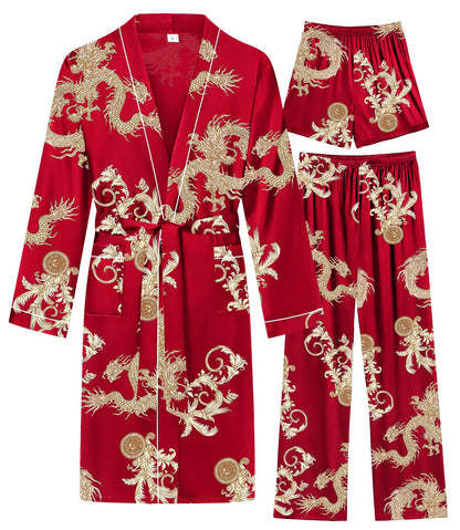 SWOMOG Mens 3 PCS Satin Robe with Pants & Shorts Set Kimono Bathrobe Long Sleeve Sleepwear Pjs Sets with Pockets