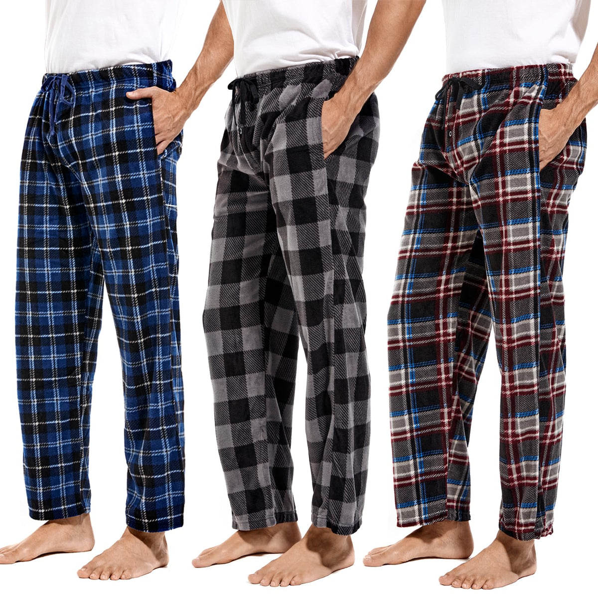 DG Hill 1Pack or 3Pack Mens PJ Pajama Pants Bottoms Fleece Lounge Pants Sleepwear Plaid PJs with Pockets Microfleece