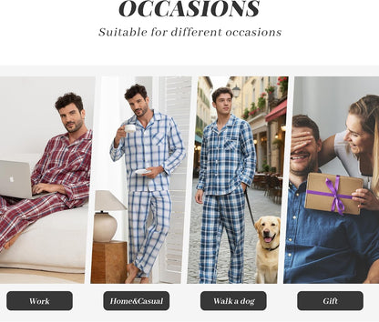 Vulcanodon Mens Cotton Pajama Set, Plaid Button Down Woven Sleepwear