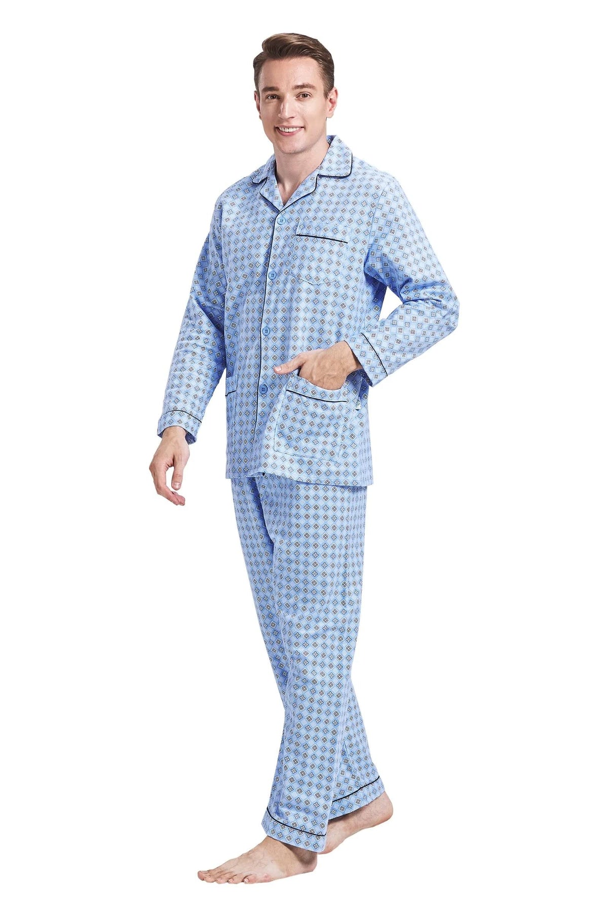 GLOBAL Men's Pajamas Sets 100% Cotton Flannel Sleepwear Long-Sleeve top & Bottom