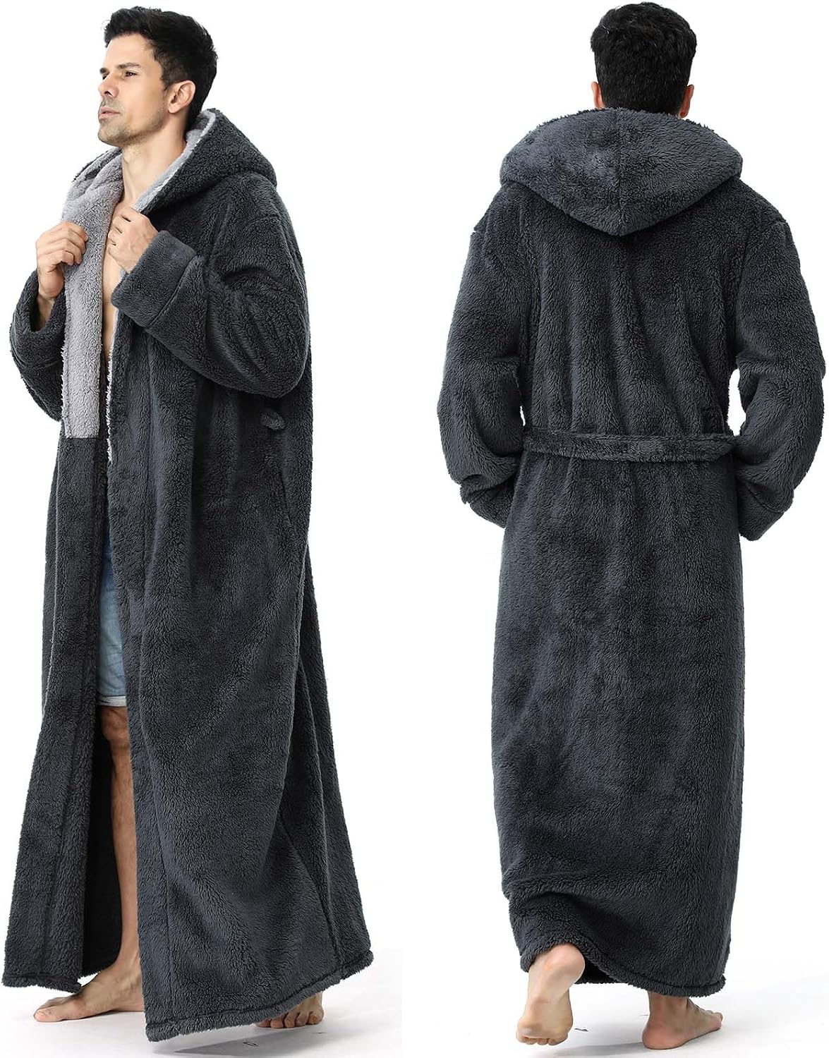 Hellomamma Mens Robe with Hood Plush Fleece Long Belted Bathrobes