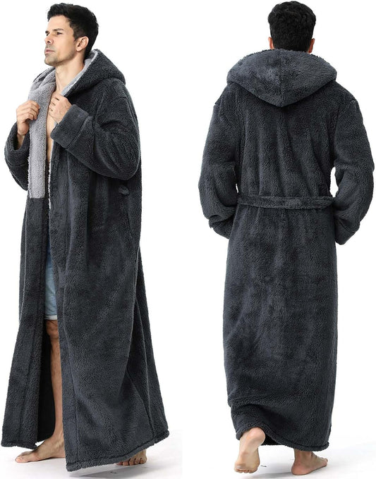 Hellomamma Mens Robe with Hood Plush Fleece Long Belted Bathrobes