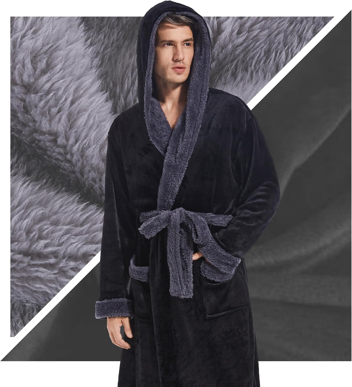 Inner Wish Mens Hooded Robe, Plush Long Highly Absorbent Bath robes Cozy Warm Bathrobe Fuzzy male Spa Robe With Pockets