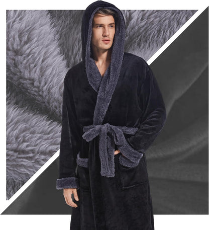 Inner Wish Mens Hooded Robe, Plush Long Highly Absorbent Bath robes Cozy Warm Bathrobe Fuzzy male Spa Robe With Pockets