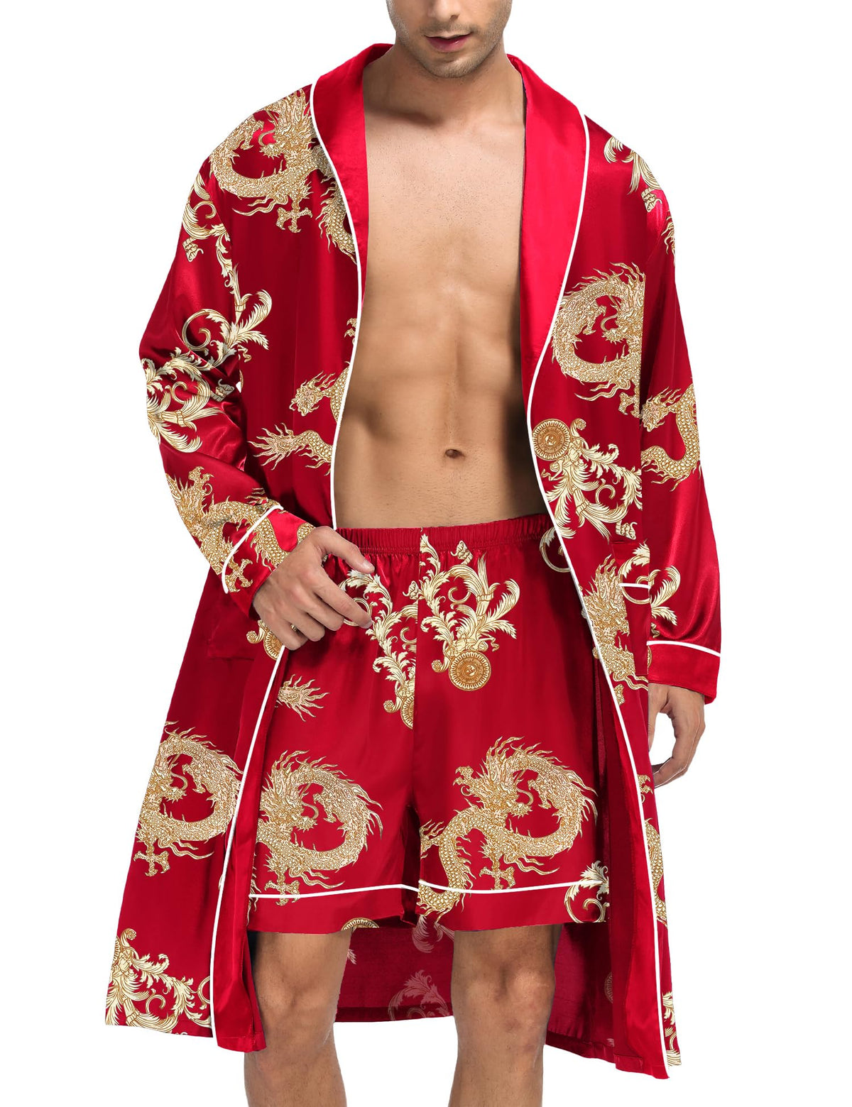 SWOMOG Men's Satin Robe Silky Kimono Bathrobe with Shorts Set Lightweight Soft Loungewear Nightwear