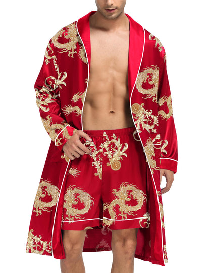 SWOMOG Men's Satin Robe Silky Kimono Bathrobe with Shorts Set Lightweight Soft Loungewear Nightwear