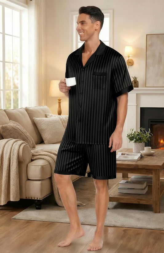 Ekouaer Men Silk Pajamas Set 2 Pieces Satin Pj Button Down Loungewear Sets