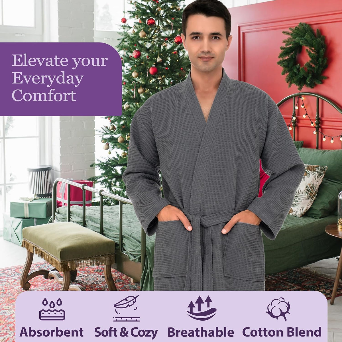 TowelSelections Mens Waffle Robe Spa Kimono Bathrobe Lightweight Shower Bath Robe for Men XS to 2X