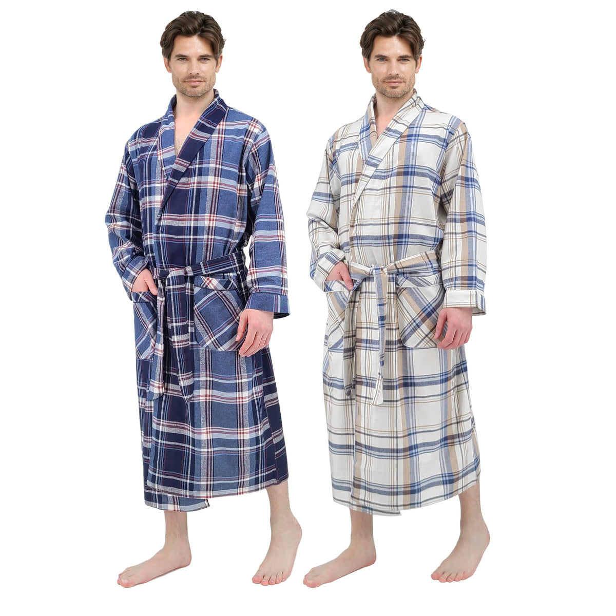 Andrew Scott Mens 2 Pack Long Sleep -Sauna Robe / 100% Cotton Flannel Brush Warm Bathrobe