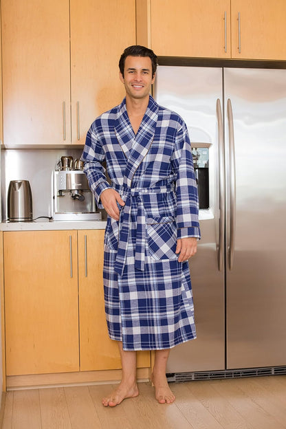 AMERICAN HEAVEN Men's Flannel Fleece Robe | Soft Cotton Shawl Collar Full Length Plaid Robe