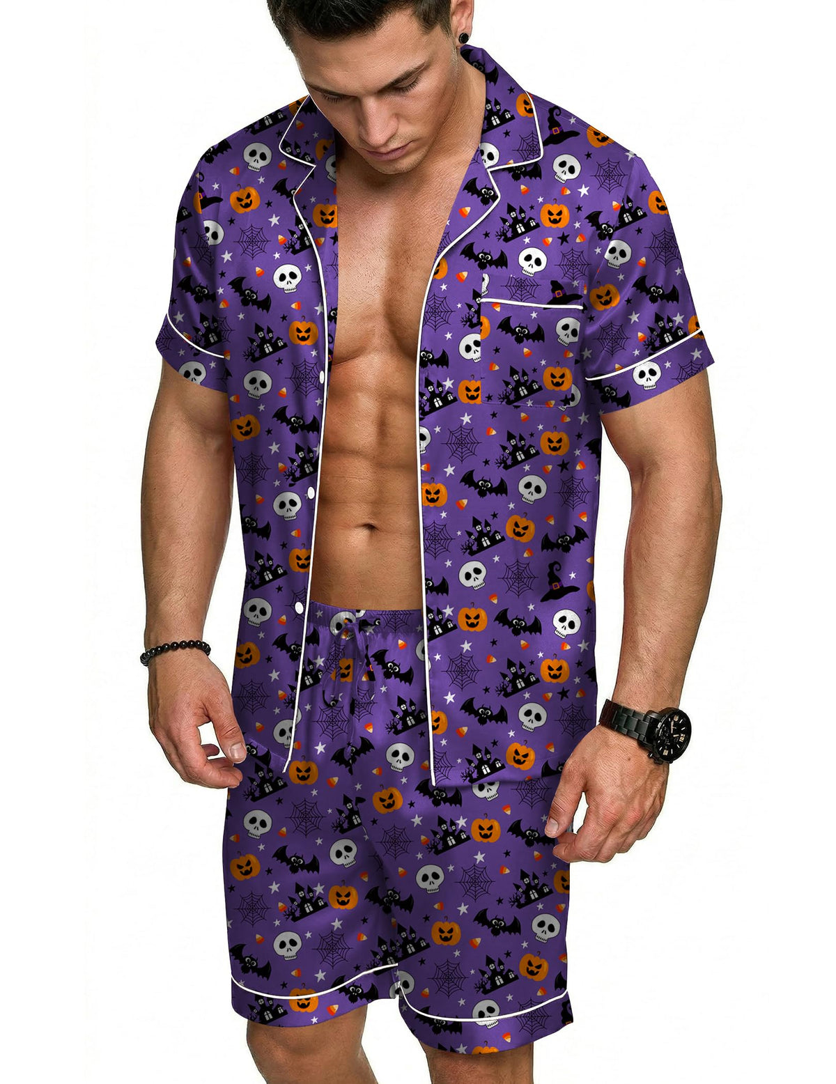 Ekouaer Mens Silk Satin Pajamas Set Short Sleeve Button Up Lounge Pjs Set