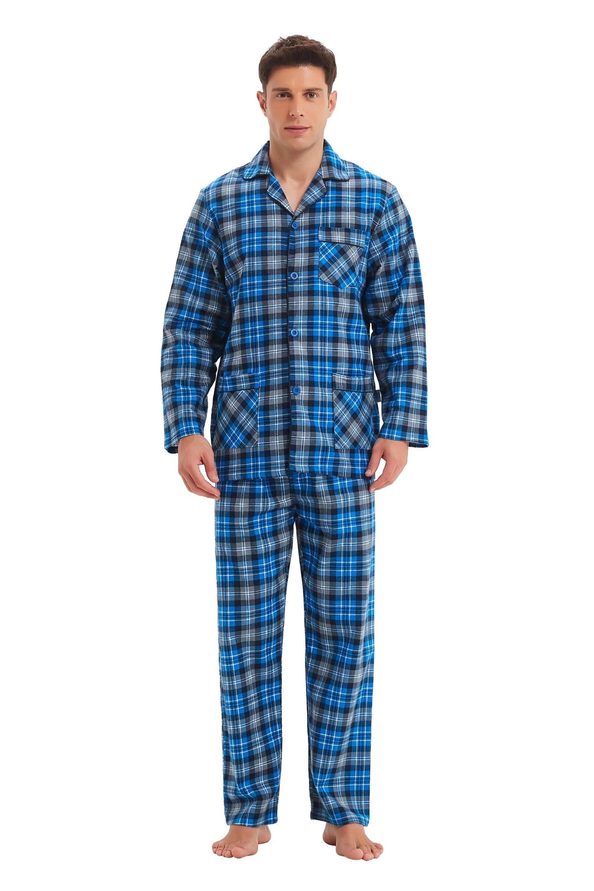 GLOBAL Men's Pajamas Sets 100% Cotton Flannel Sleepwear Long-Sleeve top & Bottom