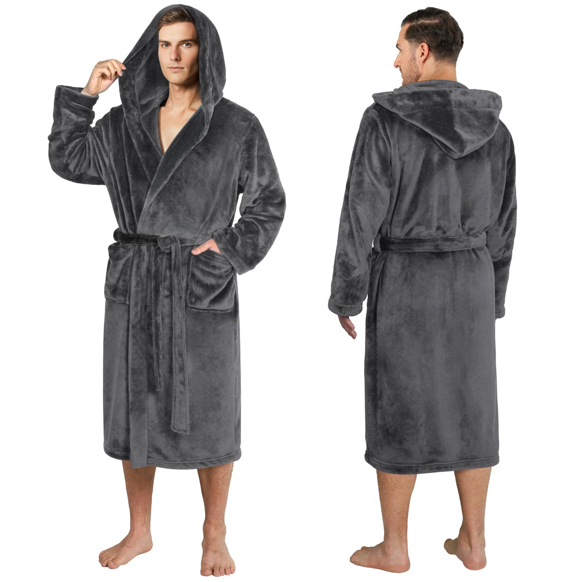 PAVILIA Men's Hooded Fleece Bathrobe Lightweight Long Robe for Men Shower